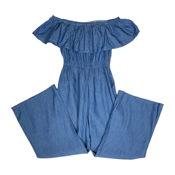Jealous Tomato Blue Chambray Off shoulder ruffleTop Jumpsuit. - Picture 4 of 7